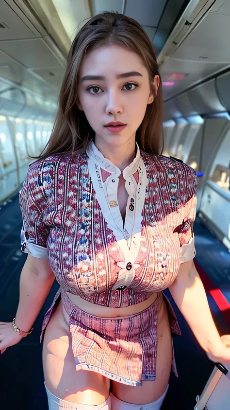 1beautiful womanl, 28years、hyperdetailed face、Detailed lips、A detailed eye、double eyelid、(Smiling while walking gracefully down the aisle)、(Stewardess uniform:1.2)、((mini skirt:1.5)) (Glamorous body)、(Colossal tits)、(large full breasts)(big butts)(Plump bo...