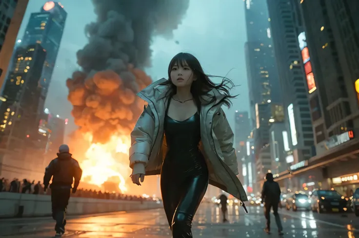 Detailed RAW photos、 Big city at night with huge skyscrapers lined up 、 A young Japanese age woman with a beautiful baby face is running at full power 、 She's wearing a futuristic latex thin pilot suit and a white down jacket with an open front zipper、 sli...