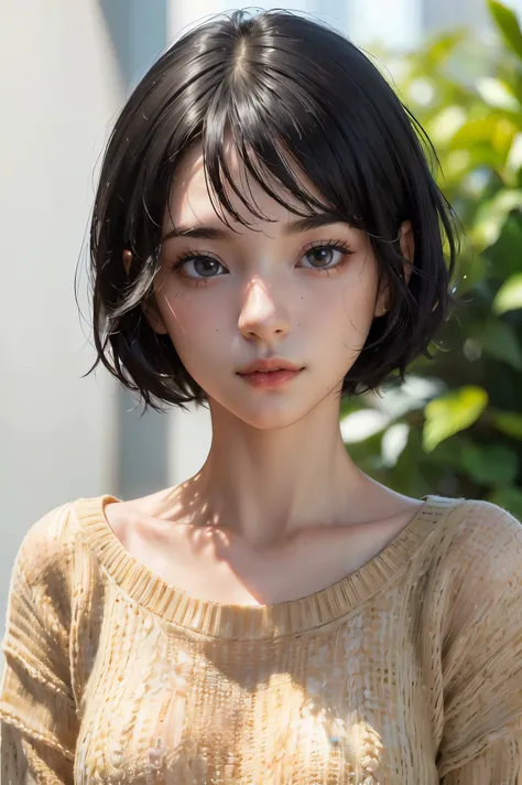 (masterpiece:1.3), (8k, photorealistic, RAW photo, best quality: 1.4), (1girl), beautiful face, (realistic face), (black hair, short hair:1.3), beautiful hairstyle, realistic eyes, beautiful detailed eyes, (realistic skin), beautiful skin, (sweater), absur...