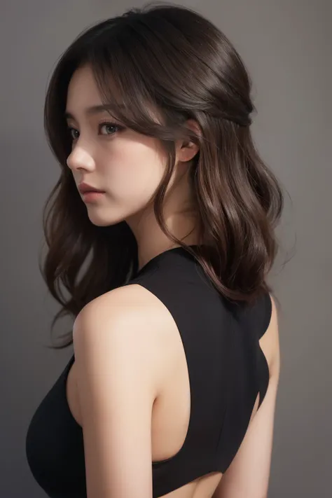 Generate a realistic image of the back of a dark-haired woman with loose waves up to her chest。