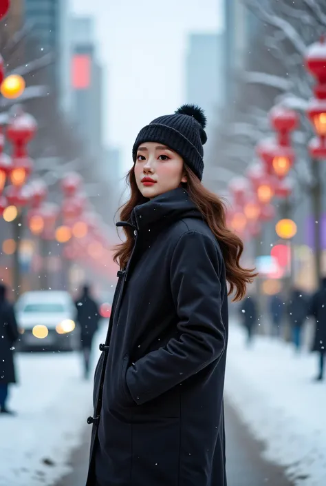 Araffe a woman wearing coat and hat standing on a snowy road, Standing at street, Standing in the snow, Standing at street, Standing on the streets of a city full of Christmas colors, Standing on the street, Standing at street, In the snow, standing in a c...