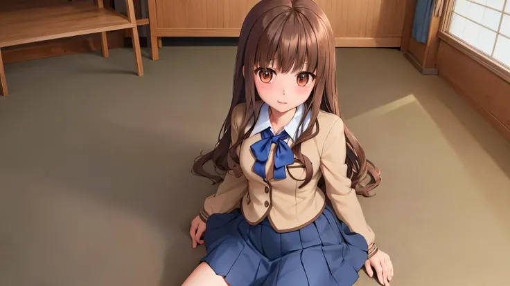 masterpiece,  best quality,  high resolution, ,  blue ribbontie,  blue ribbon,  brown skirt,  brown jacket,  black pantyhose,  school uniform ,  cowboy shooting,  miniskirt、(( Please take a look at him wearing a skirt ))、視点を強制する 、 sits on the bed、Masterpie...