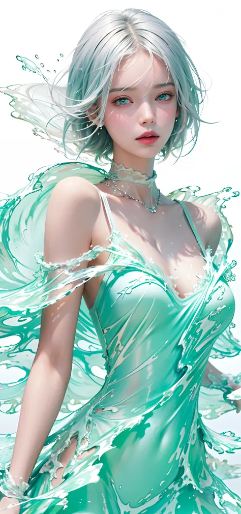 ( masterpiece,  is the best quality:1.2), 8K, 85 mm,  original photo, absurd,  white and teal theme, (liquid clothing , Liquid Clothes:1.4), White hair,  Gradient Dress , Delicate girl,  upper body,  Close-up face ,  shiny skin, Married women,   View Viewe...