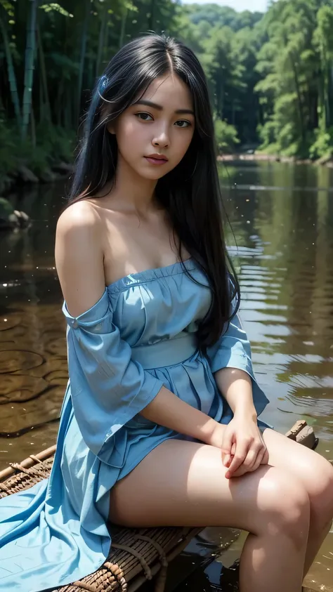 Masterpiece, Best Quality, Official Art, 8k Wallpaper, Very Detailed, Illustration, 1 Girl, Sky Blue Hair, Long Hair, Detailed Eyes, Forrest Gump, Bare Shoulders, Hanfu, Lake, Pure, Soft Smile, bamboo, tea