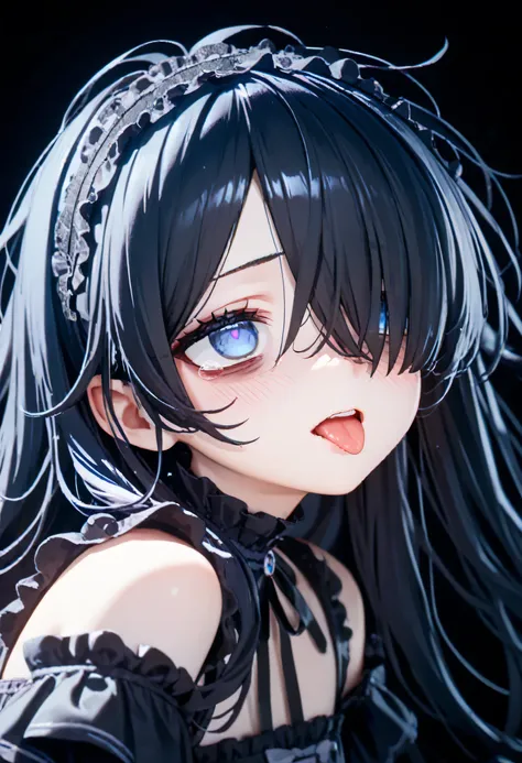 flat chest, skinnybody, Droopy eyes、Dull woman 、((bags under her eyes:1.3))、messy hair, shy, black hair ,hair over one eye, face forces, Gothic Lolita, long hair, hairband, (blue eyes, pink pupils), aroused, tongue, black background, open her mouth 