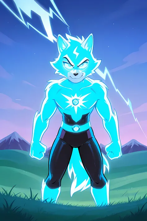 anime male wolf with pale blue glowing fur in a superhero outfit, in a blue grasslands, blue glowing neon lightning powers, professionally drawn, danny phantom cartoon