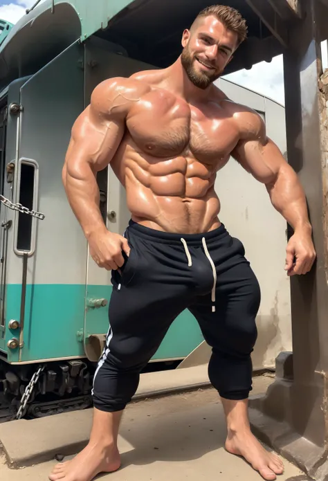 barefoot muscular rusty masculine bearded man , (beard:1.3) street fighter, trains on an abandoned outdoor ground. Sweaty athletic trained body. Brown eyes, very short brown sweaty hair. chains, black worn sweaty sweatpants. A pose showing sweaty abs, bare...