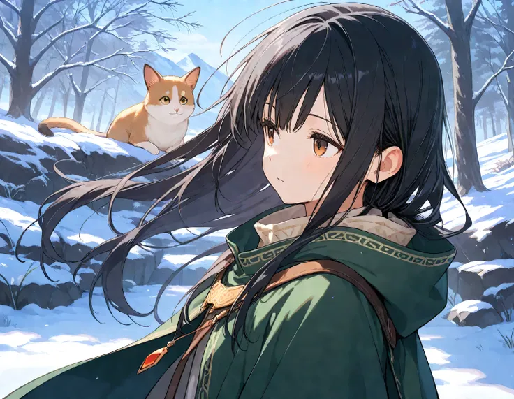 (masterpiece), (best quality), (ultra-detailed),
1girl, black hair, looking away,  fantasy, route of a journey, animal,