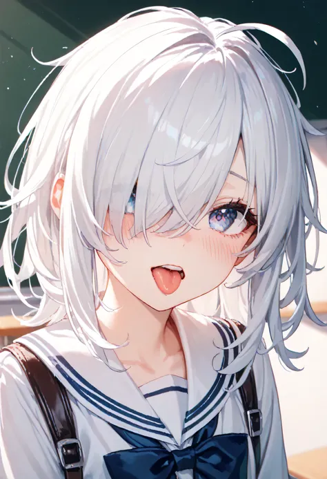 ((Girl with protruding ribs:1.4)、(flat chest:1.3),(skinny body:1.3), Blushing、To blush、Thick eyes, white hair, long hair, hair over one eye, messy hair, (Harness:1.3), ahoge, medium hair, school uniform, face forces, aroused, tongue, open her mouth, wariza...