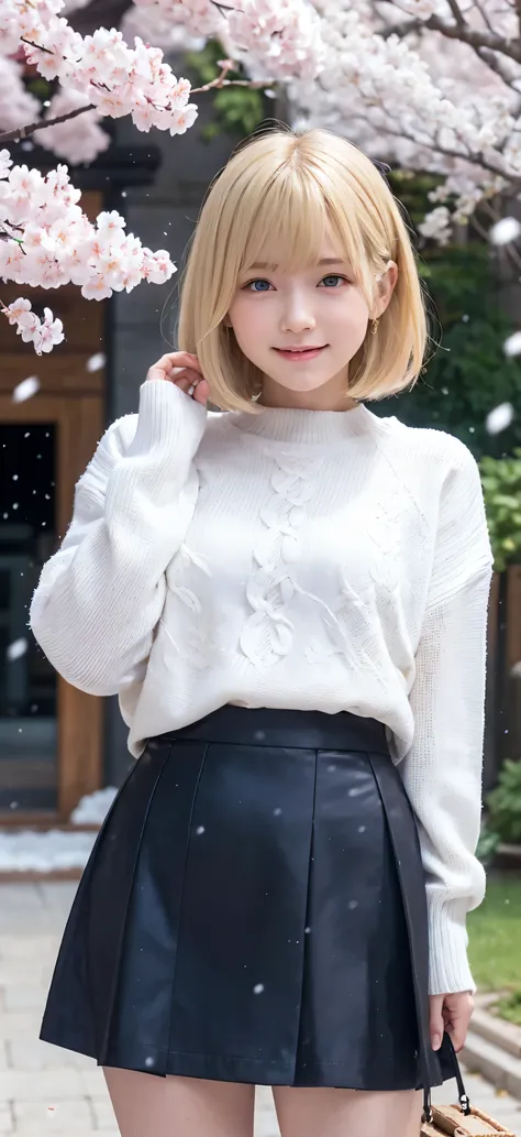 (  blonde, ,   ultra beautiful girl :1.5), ( sweater , skirt:1.3), (18 years old:1.3), break, (snowing, cherry blossoms,  Snowing :1.3), break, Shy laugh:1.3, baby face, Super Beautiful Eyes     , (  symmetrical eyes :1.3), break, ( Ultra  is present Skin:...