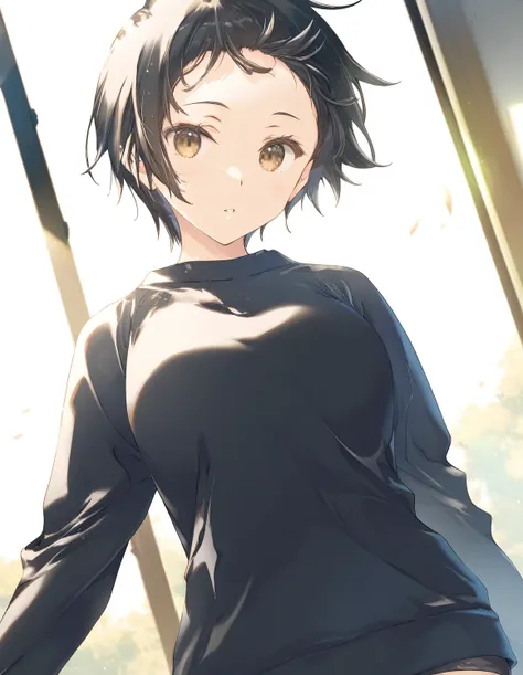 1girl, tomboy, black hair, forehead, short bangs, cowboy shot, wind, game CG, break,(artist:mitsumi_misato),artist:fujiyama,artist:kokonoka, break,(masterpiece), (best quality), (ultra-detailed),(Detailed Lighting), very aesthetic, newest, 