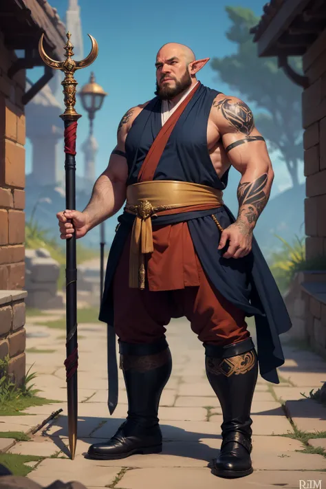 A 200-kg monk, dnd, tiefling, rosa, red and blue tattoos on the body, A legendary staff 