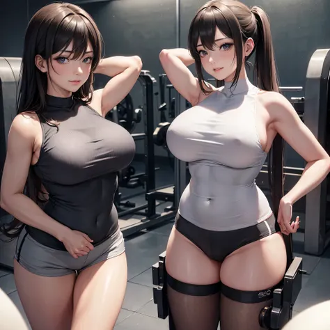 Highly detailed CG unit 8k wallpaper, masterpiece, High resolution, highest quality, highest quality real texture skin, Digital Painting, Best image quality, 最High resolution, 8k, Highly detailed eyes and face, Several women are working out in a fitness gy...