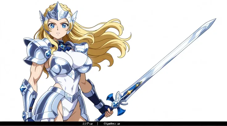 score 9 , score 8 up, score 7 up, source anime, anime coloring,   1girl  ,  Closeup of a girl in a white leotard costume with a sword,  Knight of Zodiac Girl ,   girl ,  Portrait of a Zodiac Girl Knight ,  long hair, Blonde,   blue eyes, french braid, crow...