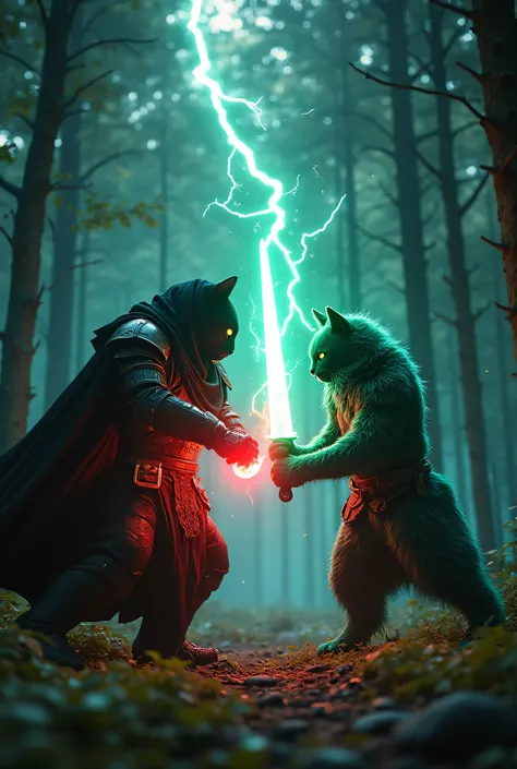 A dense, mystical forest illuminated by shards of moonlight breaking through thick, towering trees. In the center of the scene, a fierce duel unfolds between two feline knights. The Black Cat Knight, draped in dark armor with its face concealed by a black ...