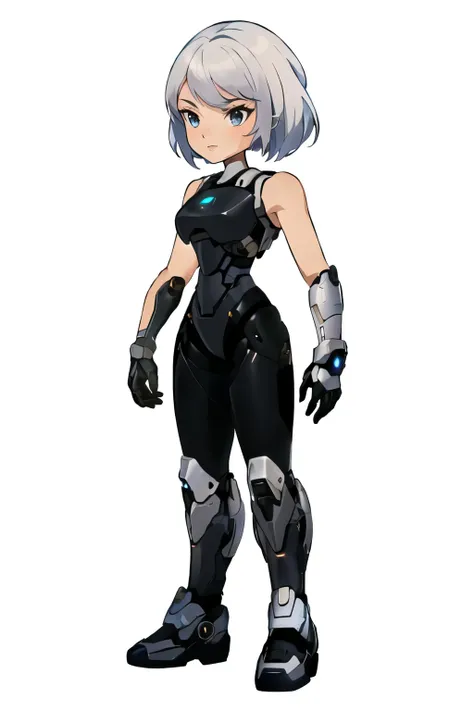 anime character of a woman in a black and white outfit, girl in mecha cyber armor, female mecha, cyborg - girl with silver hair, armor girl, full body mecha suit, mecha suit, official character art, mecha human, anime mech armor, ferra white mecha, cyborg ...