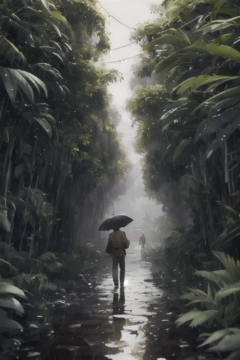 A boy walking in a jungle, with heavy rain,  monochrome, vineyards everywhere ,  giant, wet trees ,  masterpiece,  best quality,  High quality,  vibrant colors CG unity 8k wallpaper,  oil painting,  award-winning photo,  Bokeh effect ,  depth of field, HDR...