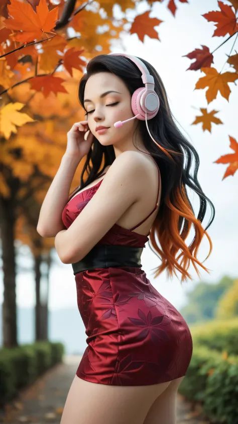 Nezuko Kamado /  KIMETSU NO YAIBA, Bicolor fur,   A woman   ,  very long hair,   Eyes Closed, serious look,  listening to music with headphones in her ears, she opted for a red autumn mini dress,    medium breasts,   Not suitable for work ,     big ass,   ...