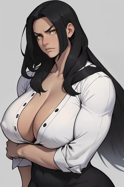 huge breasts huge breasts huge breasts muscular muscular muscular thick thick thick black hair yellow eyes pale skin female sad frown cleavage long straight hair long straight hair long straight hair long straight hair 