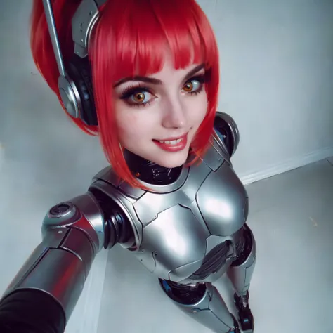 there is a woman with red hair and headphones on posing for a picture, cute cyborg girl, cyborg - girl, cyborg girl, perfect android girl, robot girl, cybersuit, perfect anime cyborg woman, beutiful girl cyborg, anime cyborg, cybersuits, retrofuturistic fe...