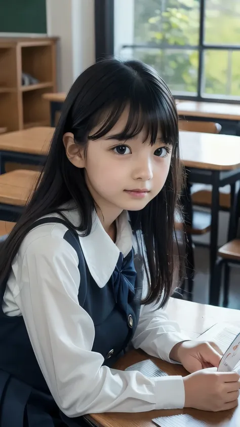 Imagine a charming illustration in the style of Loundraw, Depicts a beautiful schoolgirl. She is wearing a classic school uniform, With a fitted skirt and a perfectly lined shirt. Her long black hair, With soft bangs, Falling gracefully over her shoulders....