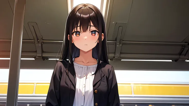 Highest image quality. Fine details. A girl. A tall beautiful girl is standing on a train platform. Her eyes are dark brown and she looks shy. She has long black hair. She is wearing cute bright summery clothes.