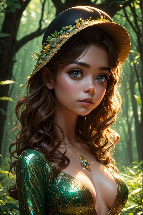 3D portrait Sarah Hyland, wearing mushroom transparent sexy costume, in the forest, 9 9 9 9 s, curly hair, intricate, elegant, highly detailed, digital painting, artstation, concept art, smooth, sharp focus, illustration, art by thomas kindkade, charlie bo...