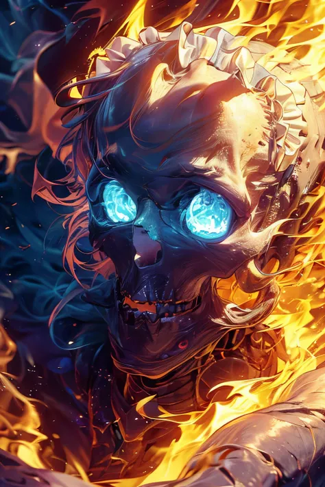 (best quality,4k,high resolution,masterpiece:1.2),a maid is damaged by fire with scared face, covering her face by hand, surrounded by fire, detailed eyes,beautiful detailed lips,extremely detailed blue eyes and face, long silver hair, long eyelashes, Euro...