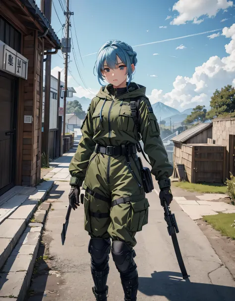 A female soldier stands guard，  sky blue hair，Braid，Big emerald eyes ，  wearing olive green hoodie military uniform（  black four-pocket zipper top  ）、  black belt  、Tactical shoulder strap、Gloves、Military Pants、Knee pads， write details、  masterpiece、 质量最优 ...