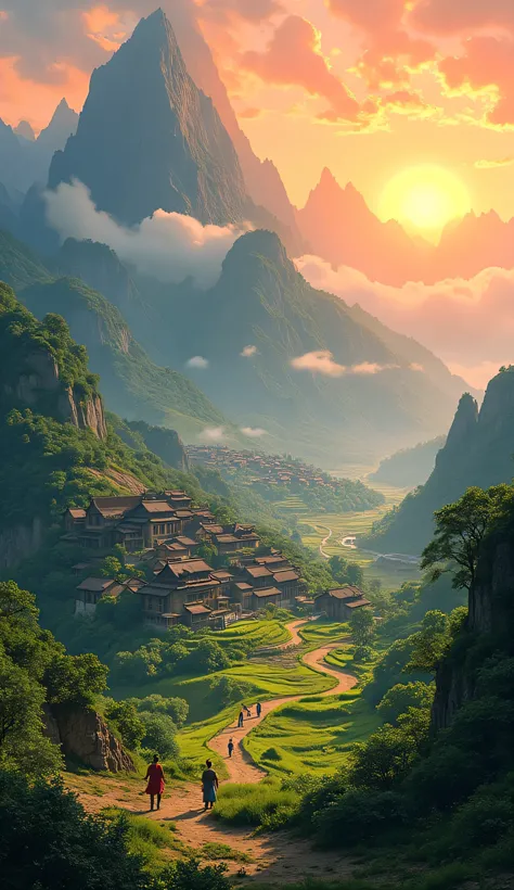  Mountain where there is a town with green vegetation, with villagers harvesting with a beautiful sunrise .