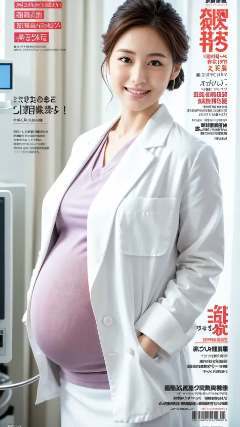 (Masterpiece,High Quality),(clear shots) ,  Japanese ,Woman,chignon hairstyles ,(huge breasts),(huge pregnant),(looking at the front), wallpaper, sweet smile, actress, doctor white coat, formal button shirt, and pencil skirt, magazine cover page, stethosco...