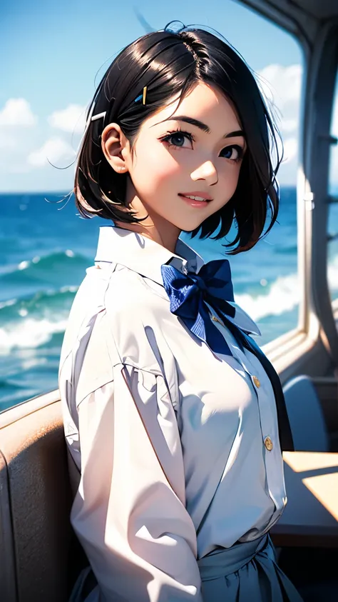 ( 1 girl,  alone,  japanese girl), , best quality,  table top, 8k,  high resolution,  very detailed, ( portrait), think,   black hair,  Very Shorthair,  hair clip,   SHINY SKIN,  Plane, smile,  ( middle school student of luck:1.5, ,  white shirt ,  bow tie...