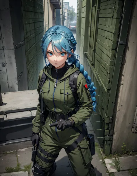 A female soldier  ，  sky blue hair，Braid，Big emerald eyes ，  wearing olive green hoodie military uniform（  black four-pocket zipper top  ）、  black belt  、Tactical shoulder strap、Gloves、Military Pants、Knee pads， write details、  masterpiece、 质量最优 、High preci...