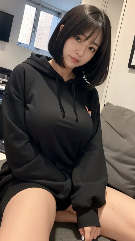 An office lady is sitting on a bed in her apartment、  black hair、Big Breasts、 black hoodie 