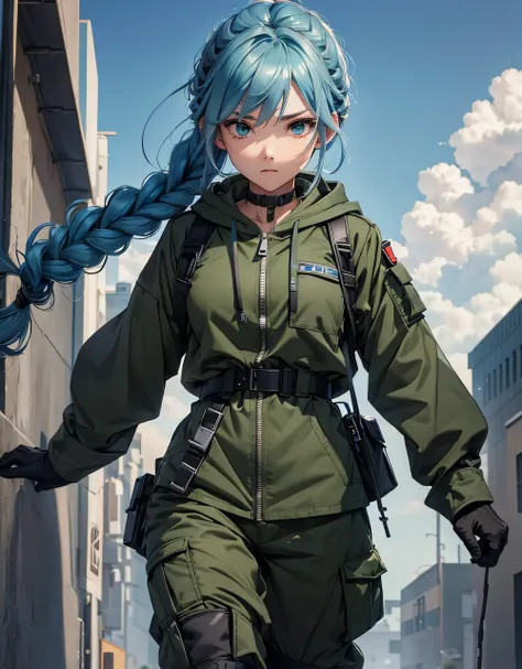 A female soldier  ，  sky blue hair，Braid，Big emerald eyes ，  wearing olive green hoodie military uniform（  black four-pocket zipper top  ）、  black belt  、Tactical shoulder strap、Gloves、Military Pants、Knee pads， write details、  masterpiece、 质量最优 、High preci...