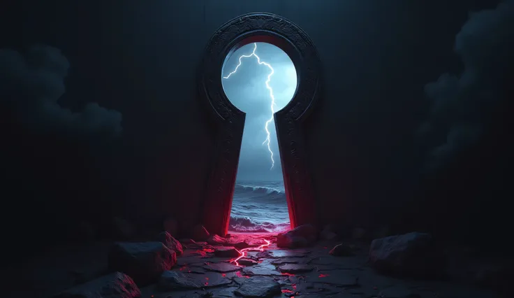 Create an image inspired by the song Limits by Bad Omens, featuring a keyhole as the central theme. The keyhole should be intricately designed, glowing with a faint, eerie light. Through the keyhole, show a dark, stormy scene with flashes of lightning in t...