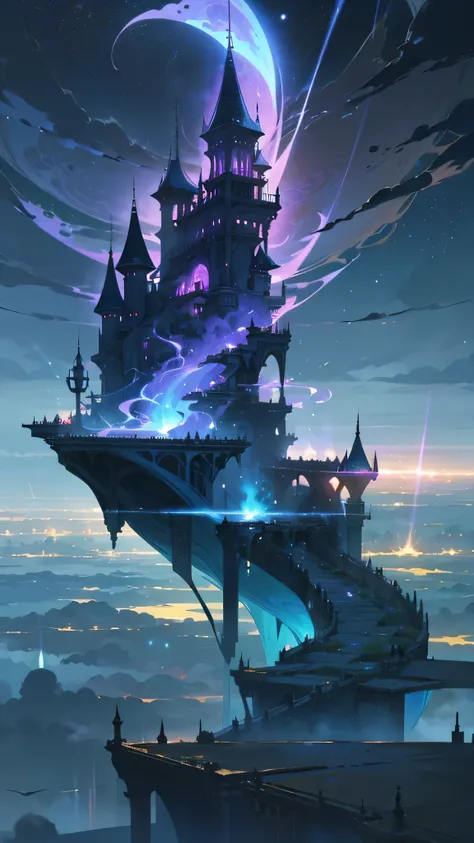 “A massive floating city suspended in the sky, designed like a multi-dimensional labyrinth. The city is composed of winding bridges, staircases, and floating platforms. Otherworldly creatures like flying dragons and ethereal spirits soar through the air. T...