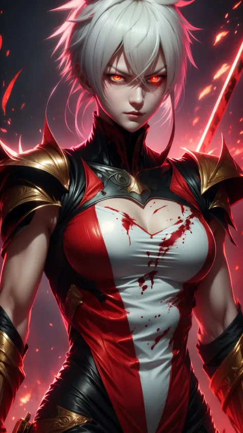 White-haired woman, terrifying appearance, with a katana and a shield, red eyes, on a battlefield covered in blood, wearing Spartan clothes, with a scar on her left eye