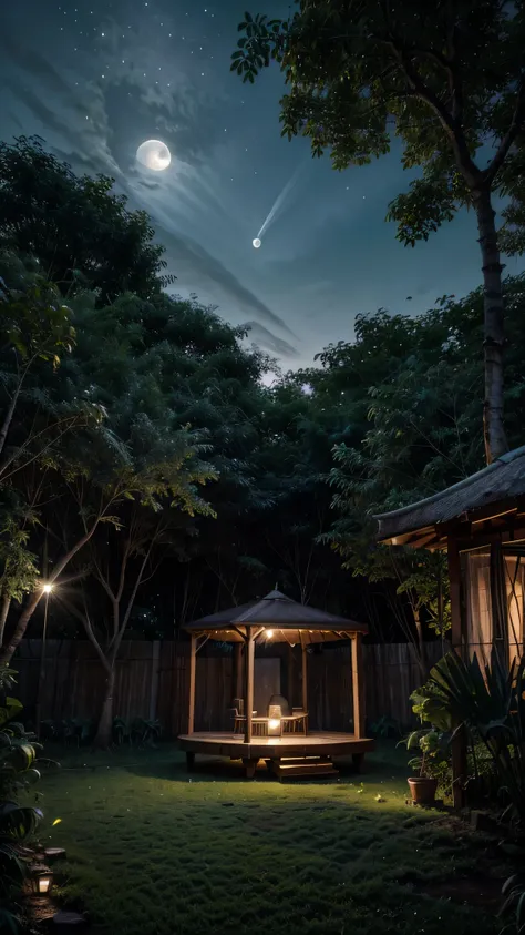 imagine aesthetic little open space area between the jungle a small wooden hut with beautiful lights under full moon open green area covered by tress and a small pond trampoline high contrast 