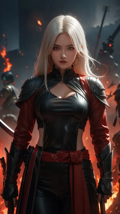 White-haired woman, terrifying appearance, with a katana and a shield, red eyes, on a battlefield covered in blood, wearing Spartan clothes, with a scar on her left eye