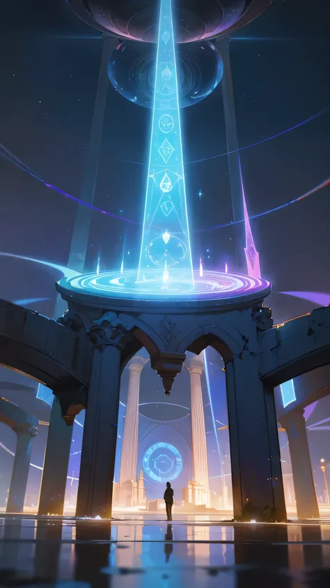 “An enormous central plaza in the floating labyrinth city, where multiple glowing dimensional portals are scattered around. The portals shimmer with waves of light, each one leading to a different reality. The ground is made of reflective glass-like materi...