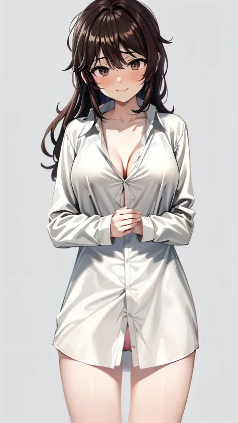 （ Super high quality, super high resolution,16k,super masterpiece,Ultra HD , detailed shading and background,） sexy girl , long dark hair,sexy long sleeve big white shirt,Folded sleeves, cleavage,Only white panties on the lower half,smile,blush,