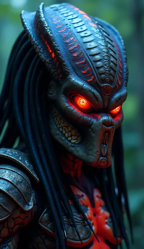 Focus on the Predator’s mask, glowing symbols faintly visible. Slowly zoom out to reveal the full suit with its reptilian texture and sharp claws. Insert a scene of Predator’s thermal vision: red and blue hues showing a heat map of the jungle.