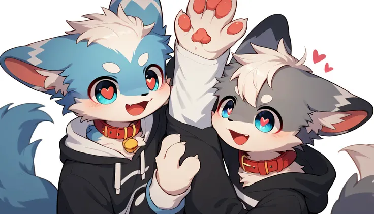 very detailed な, very detailed, white hair with gray fur, Age 15,male, excited to see bones, Excited, participate, Cute fac e, fluffy fur, Horny boy, Red collar, blue cute ears, Fluffy Ears ,Fluffy Ears, cute fur boy, boy, Heart Eyes, Horny boy, black back...