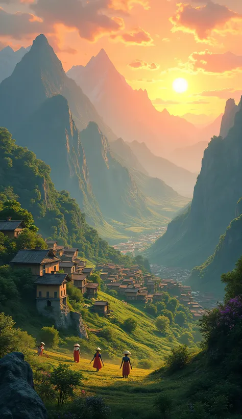 Mountain where there is a town with green vegetation, with villagers harvesting with a beautiful sunrise .