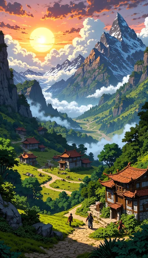  Mountain where there is a town with green vegetation, with villagers harvesting with a beautiful sunrise .