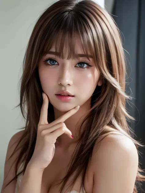 Ultra High Definition, Superior Quality, Premier Quality, ultra detailed, Photorealistic, 8k, RAW Photos, highest quality, masterpiece, Ash hair color, Shoulder Length Layered, asymmetrical bangs, (index finger to lips:1.2), K-pop Idol, Sophisticated girl,...