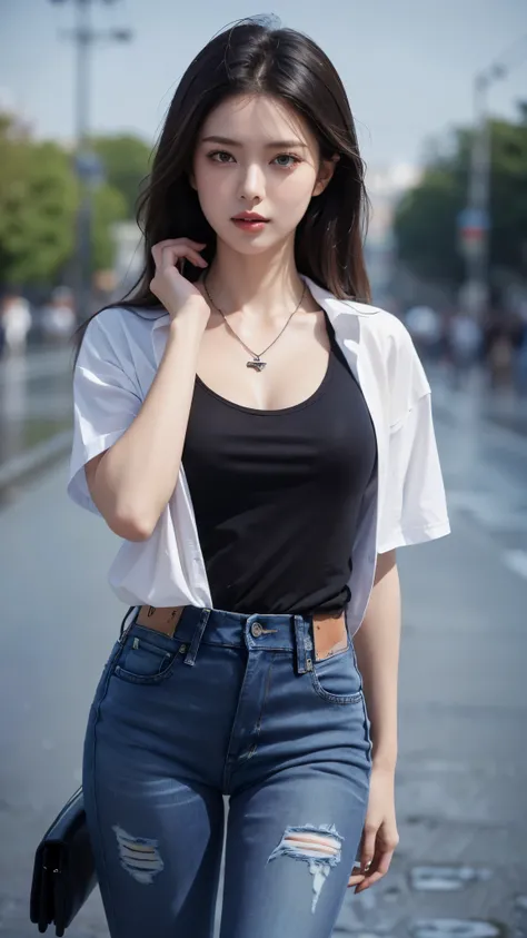 8k ultra hd, masterpiece, a girl, (good face:1.4), detailed, eyes, beautiful lips, very long hair, spreading hair, small breasts, (opened shirt:1.5), ((black shirt)), (fashion jeans:1.5), necklace, sardine, in the palace, flying birds, glowing:1.5, rainy w...