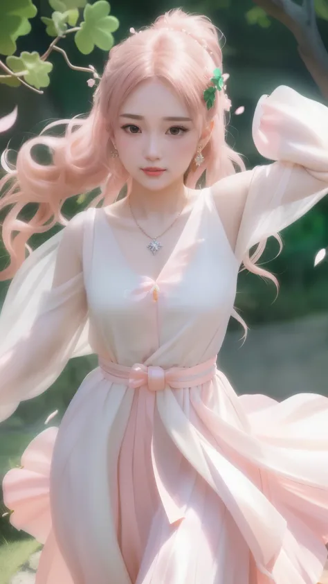 a girl, detailed hair, detailed eyes, shy, facial hair, clover hair ornament, jeweled branch of hourai, jewelry, light blush, light blush, musical note hair ornament, white dress, princess dress, white highlight, glowing light, ray tracing, bloom, chromati...