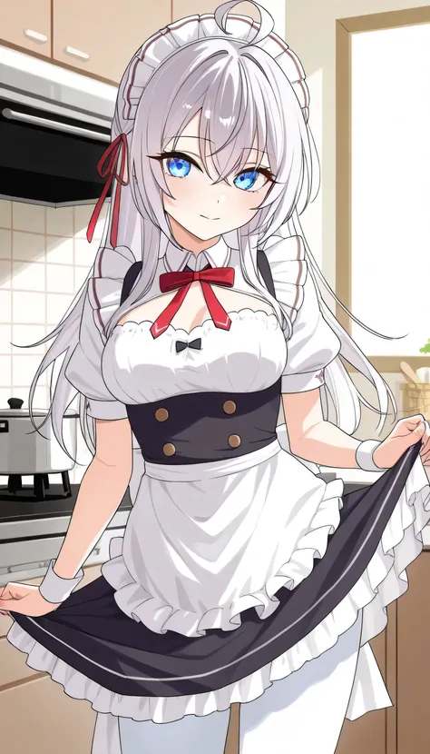 Alisa Mikhailovna Kujou White long-haired girl tied red ribbon, beautiful blue eyes, long eyelashes, medium breasts, wearing a short maid dress, white tights with a kitchen cooking pattern